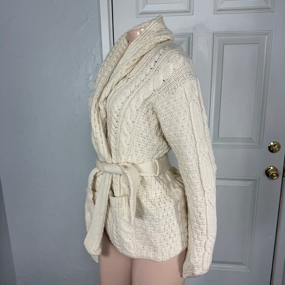 Aran Market Women's Sweater S Cardigan Tie Cable Knit Merino Wool Fisherman WW12 - Picture 2 of 6